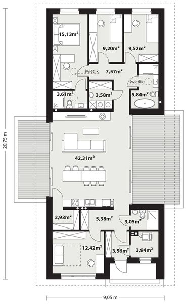 Projekt domu Pati 2 - rzut parteru, dom liczy 4 pokoje, 3 łazienki i wc
