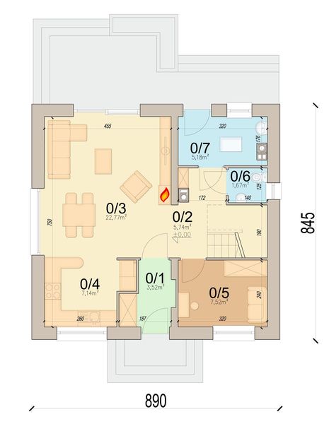 Projekt domu Tamarillo 9 mini - rzut parteru, dom liczy 4 pokoje, 2 łazienki i wc