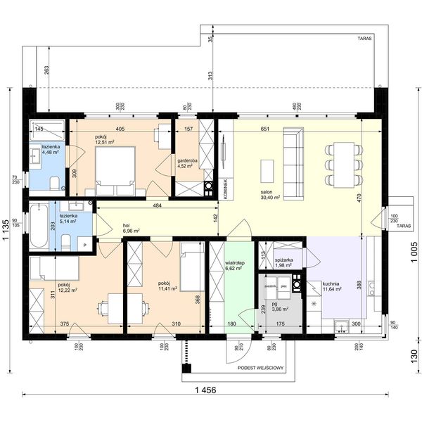 Projekt domu na Majowej drewniany - rzut parteru, dom liczy 3 pokoje, 2 łazienki i wc