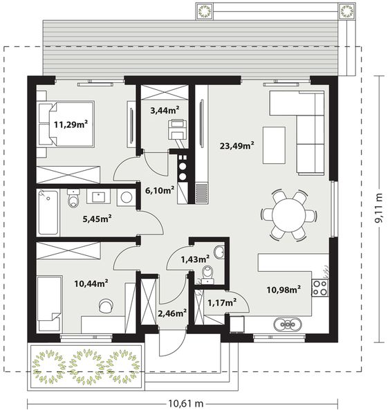 Projekt domu Gaja 5 drewniana - rzut parteru, dom liczy 2 pokoje, 2 łazienki i wc