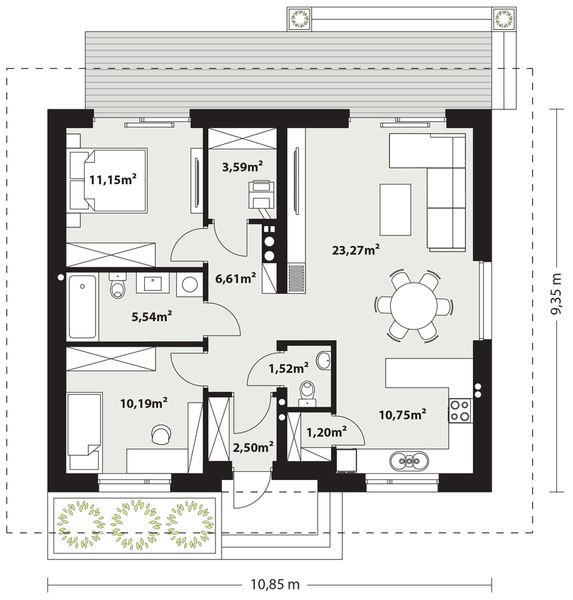 Projekt domu Galia 3 - rzut parteru, dom liczy 2 pokoje, 2 łazienki i wc