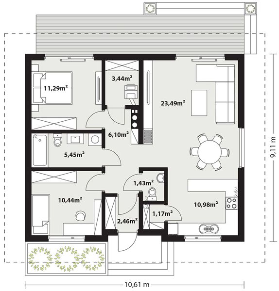 Projekt domu Galia 3 drewniana - rzut parteru, dom liczy 2 pokoje, 2 łazienki i wc