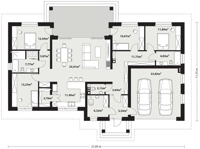 Projekt domu Ostoja - rzut parteru, dom liczy 4 pokoje, 3 łazienki i wc