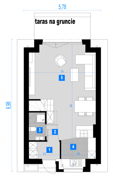 Projekt domu Frigg 1 [1M] - rzut parteru, dom liczy 3 pokoje, 2 łazienki i wc
