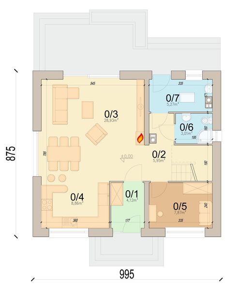 Projekt domu Tamarillo 9 plus - rzut parteru, dom liczy 4 pokoje, 2 łazienki i wc