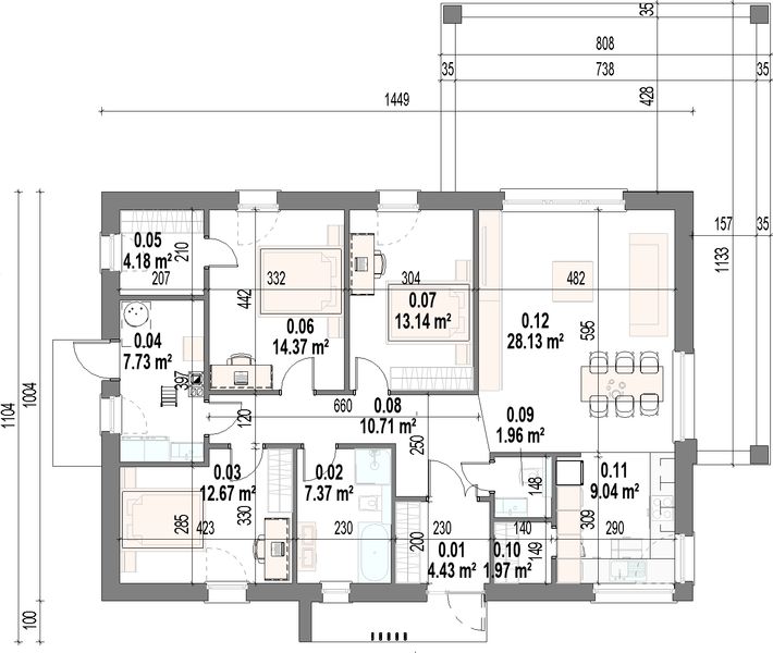 Projekt domu Vivia - rzut parteru, dom liczy 3 pokoje, 2 łazienki i wc