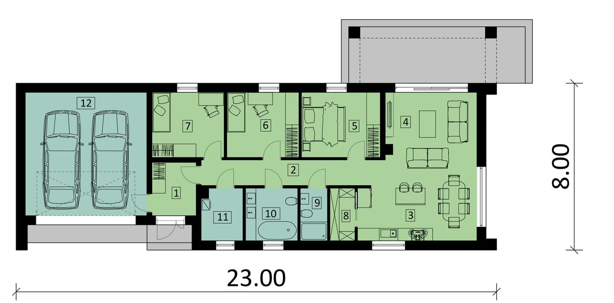 Projekt domu Ka307 S - rzut parteru, dom liczy 3 pokoje, 2 łazienki i wc