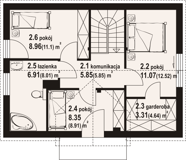 Projekt domu Hebdowice aa 70 dws - rzut poddasza, dom liczy 4 pokoje, 2 łazienki i wc