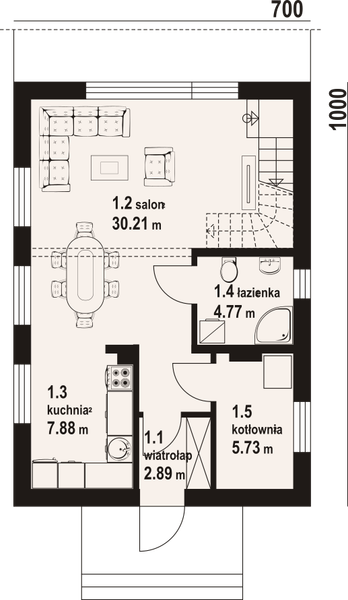 Projekt domu Radowice aa 70 - rzut parteru, dom liczy 4 pokoje, 2 łazienki i wc
