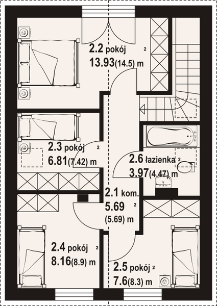 Projekt domu Radowice aa 70 - rzut poddasza, dom liczy 4 pokoje, 2 łazienki i wc
