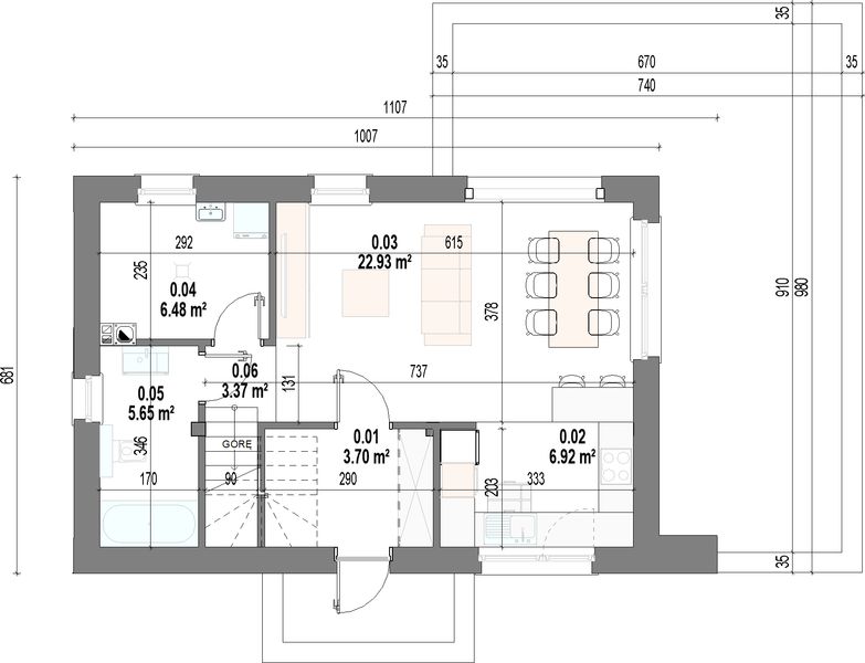 Projekt domu Forma - rzut parteru, dom liczy 3 pokoje, 2 łazienki i wc