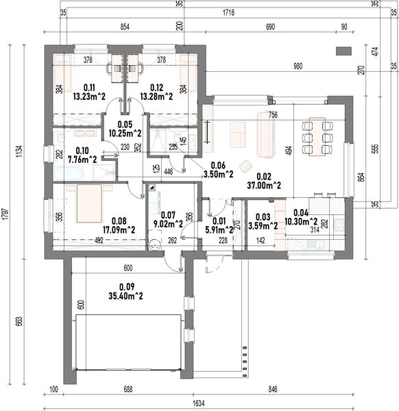 Projekt domu Luna 2G - rzut parteru, dom liczy 3 pokoje, 2 łazienki i wc
