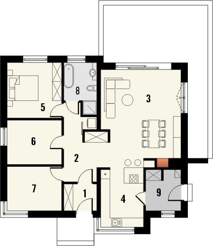 Projekt domu Krajobrazy 134 - rzut parteru, dom liczy 3 pokoje, 1 łazienki i wc