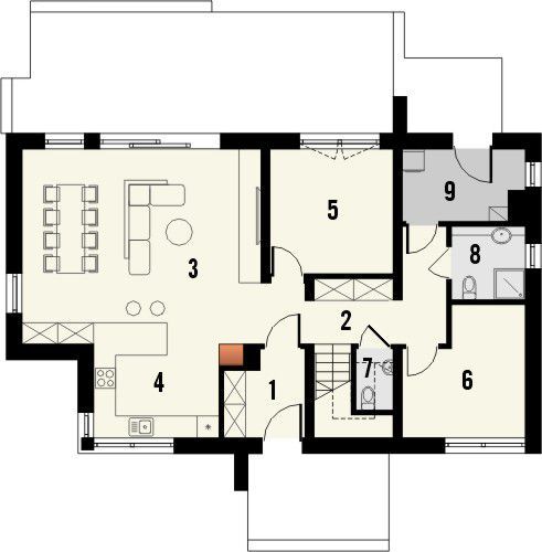 Projekt domu Studio 133 - rzut parteru, dom liczy 5 pokoje, 3 łazienki i wc
