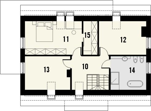 Projekt domu Studio 133 - rzut poddasza, dom liczy 5 pokoje, 3 łazienki i wc