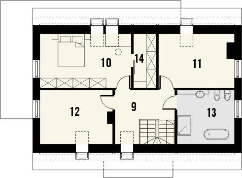 Projekt domu Studio 139 - rzut poddasza, dom liczy 4 pokoje, 2 łazienki i wc