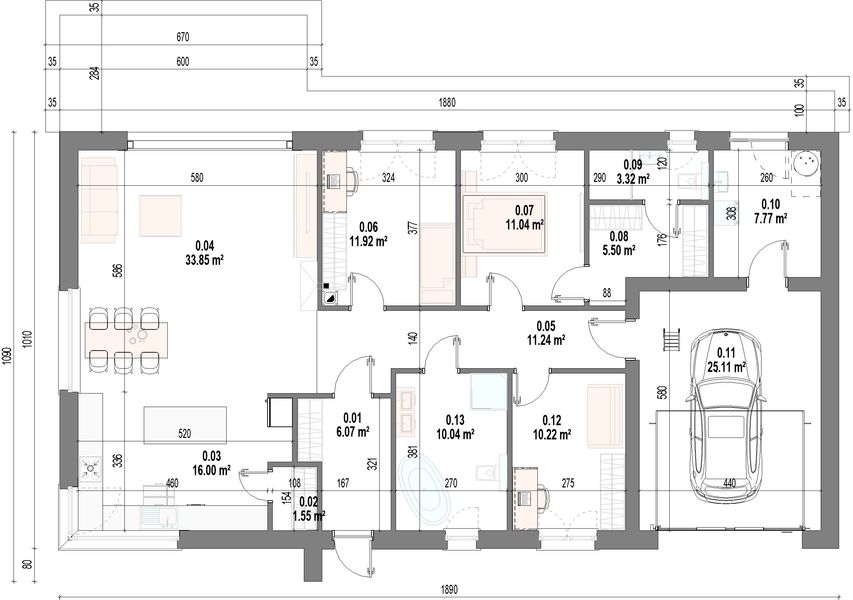 Projekt domu Scala - rzut parteru, dom liczy 3 pokoje, 2 łazienki i wc
