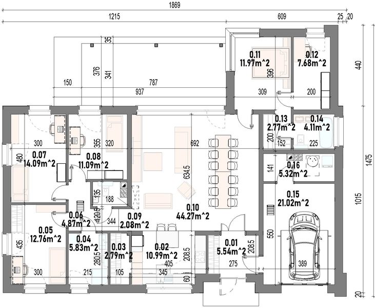 Projekt domu Dalia - rzut parteru, dom liczy 5 pokoje, 2 łazienki i wc