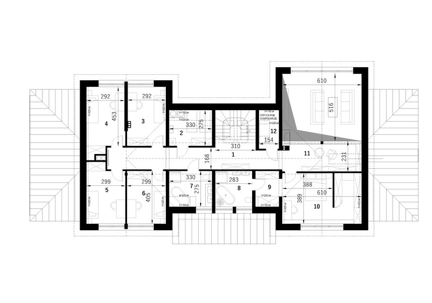 Projekt domu FarmHouse One Residence - rzut poddasza, dom liczy 6 pokoje, 4 łazienki i wc