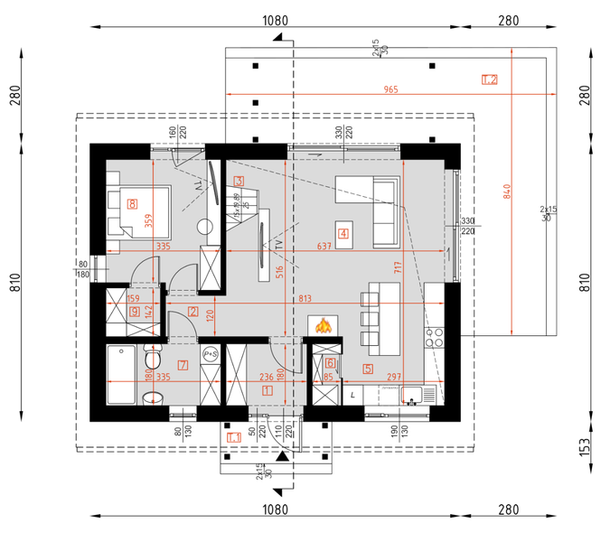Projekt domu D464 - rzut parteru, dom liczy 2 pokoje, 2 łazienki i wc