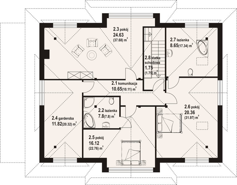 Projekt domu Chmielniki dw 44 - rzut poddasza, dom liczy 5 pokoje, 4 łazienki i wc