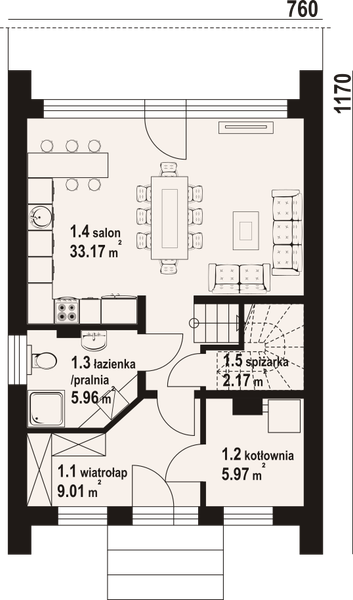 Projekt domu Gorlice m - rzut parteru, dom liczy 3 pokoje, 2 łazienki i wc