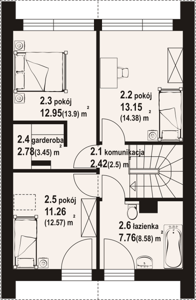 Projekt domu Gorlice m - rzut poddasza, dom liczy 3 pokoje, 2 łazienki i wc