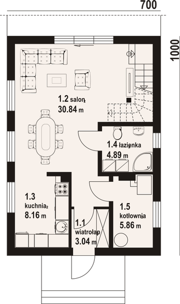 Projekt domu Radowice aa 70 dws - rzut parteru, dom liczy 4 pokoje, 2 łazienki i wc
