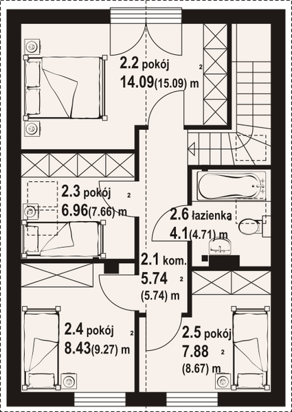 Projekt domu Radowice aa 70 dws - rzut poddasza, dom liczy 4 pokoje, 2 łazienki i wc