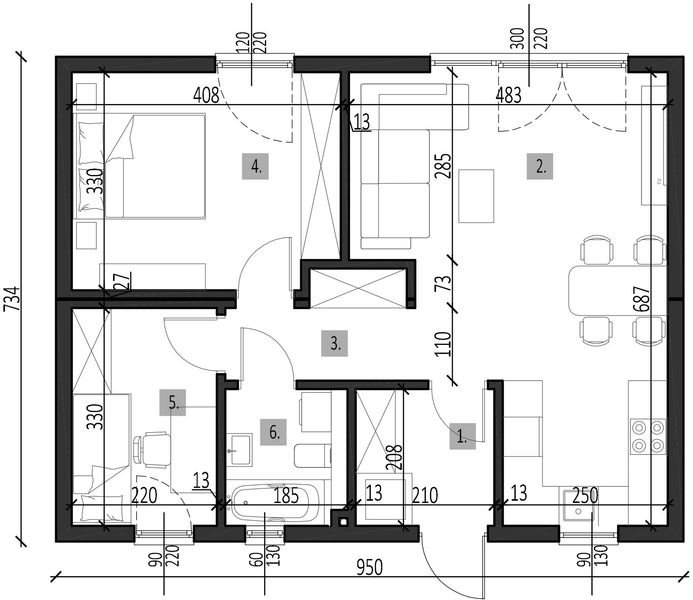 Projekt gotowy Dom modułowy Active - rzut parteru, dom liczy 2 pokoje, 1 łazienki i wc