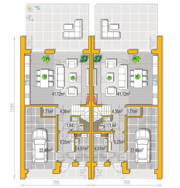 Projekt domu Ella 40 dom jednorodzinny dwulokalowy - rzut parteru, dom liczy 6 pokoje, 6 łazienki i wc