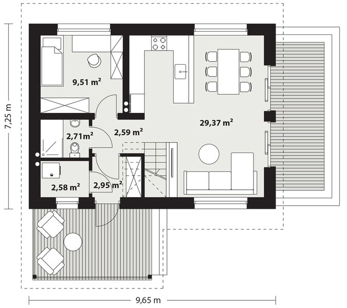 Projekt domu Erna 5 - rzut parteru, dom liczy 3 pokoje, 2 łazienki i wc