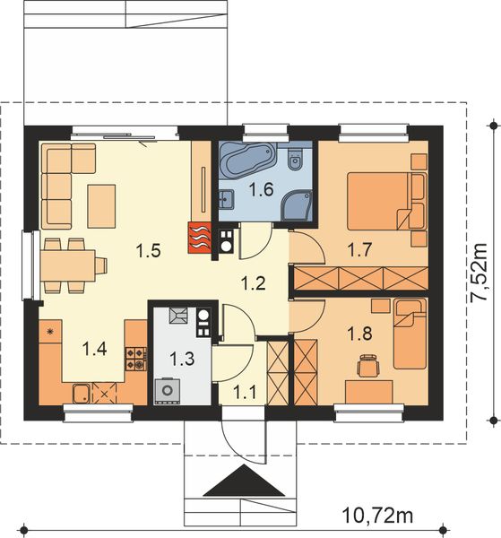 Projekt domu Tebe 7 szkielet drewniany - rzut parteru, dom liczy 2 pokoje, 1 łazienki i wc