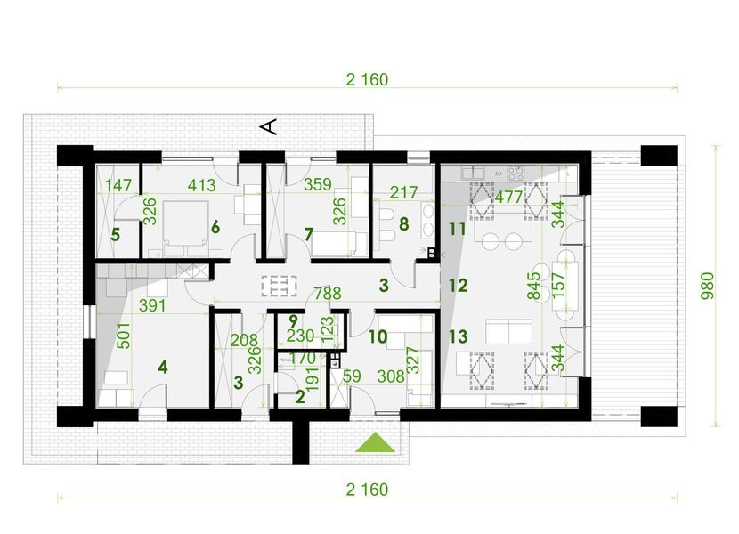 Projekt domu PióroArchitekci - 19 szkieletowy - rzut parteru, dom liczy 4 pokoje, 2 łazienki i wc