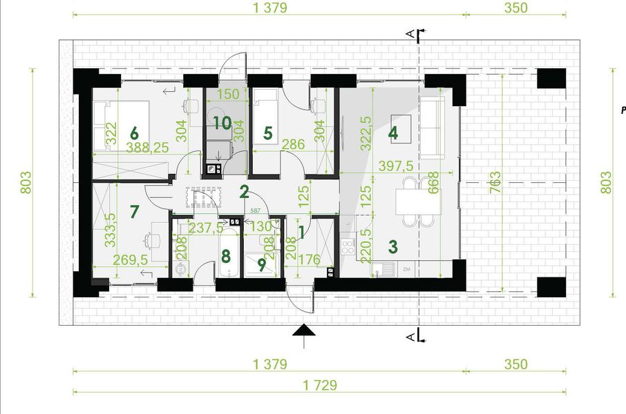 Projekt domu PióroArchitekci - 24 szkieletowy - rzut parteru, dom liczy 3 pokoje, 2 łazienki i wc