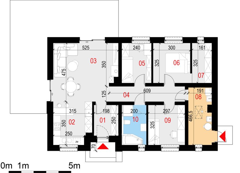 Projekt domu Basicus II - rzut parteru, dom liczy 3 pokoje, 1 łazienki i wc