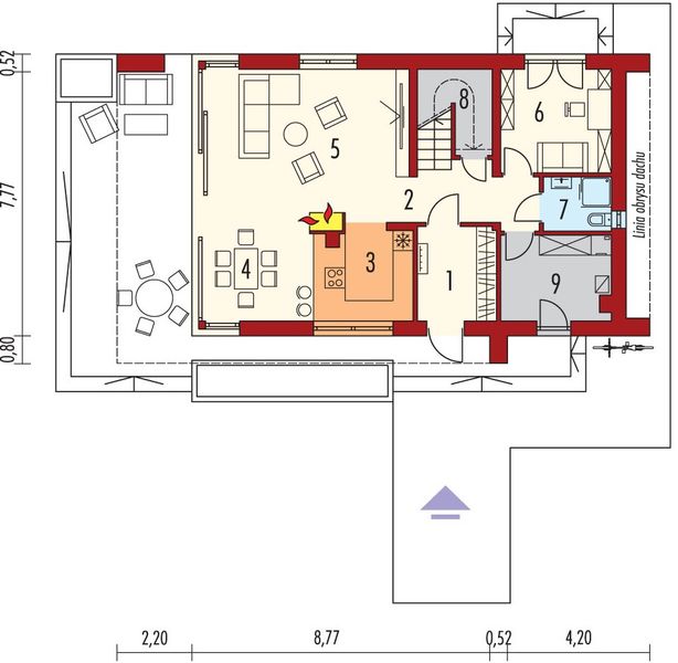 Projekt domu Rudolf - rzut parteru, dom liczy 4 pokoje, 2 łazienki i wc