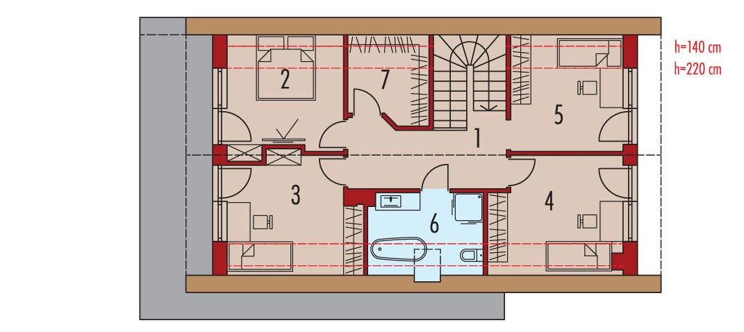 Projekt domu Rudolf - rzut 1 piętra, dom liczy 4 pokoje, 2 łazienki i wc