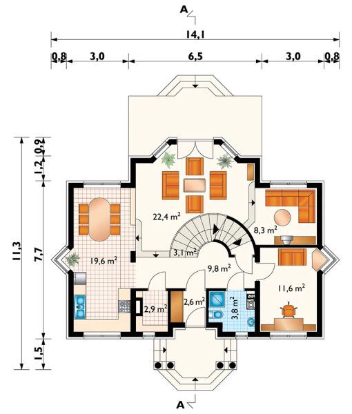 Projekt domu Rezeda (593) - rzut parteru, dom liczy 5 pokoje, 3 łazienki i wc