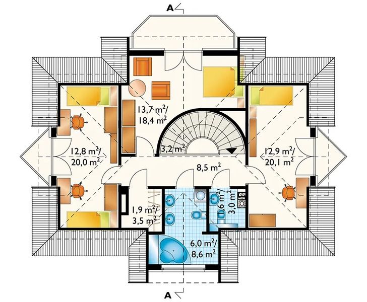 Projekt domu Rezeda (593) - rzut poddasza, dom liczy 5 pokoje, 3 łazienki i wc