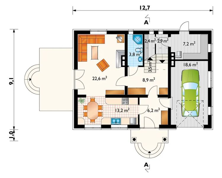 Projekt domu Nowy Dworek (849) - rzut parteru, dom liczy 4 pokoje, 2 łazienki i wc
