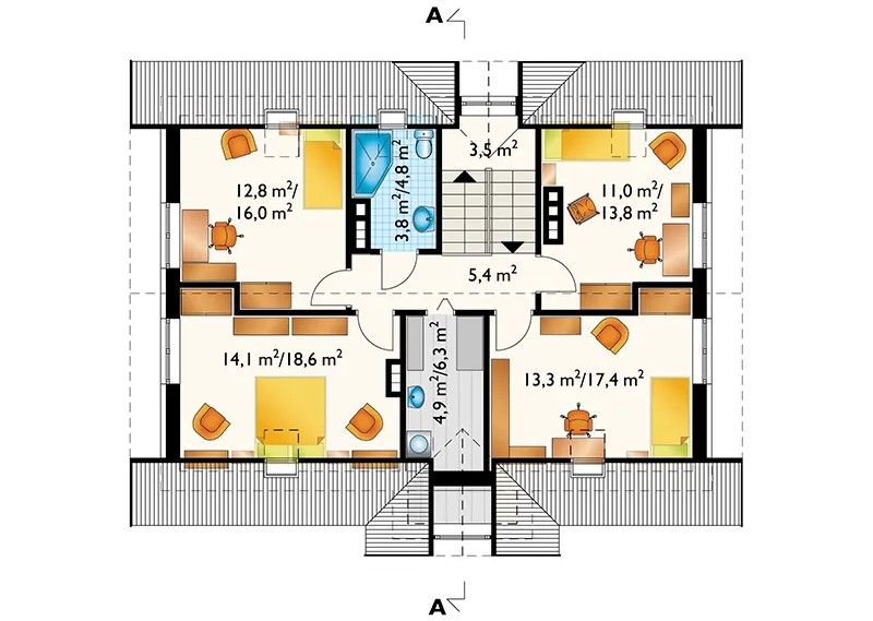 Projekt domu Nowy Dworek (849) - rzut poddasza, dom liczy 4 pokoje, 2 łazienki i wc