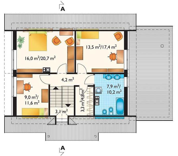 Projekt domu Ewa (848) - rzut poddasza, dom liczy 4 pokoje, 2 łazienki i wc