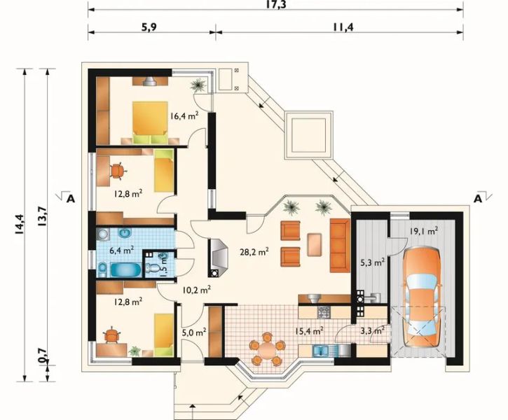 Projekt domu Lidia (868) - rzut parteru, dom liczy 3 pokoje, 2 łazienki i wc