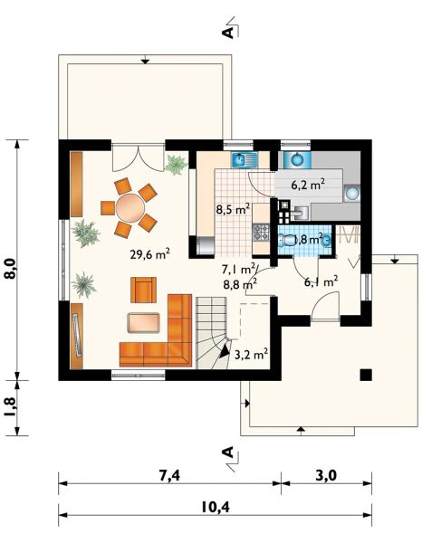Projekt domu Drobina-2 (789) - rzut parteru, dom liczy 3 pokoje, 2 łazienki i wc