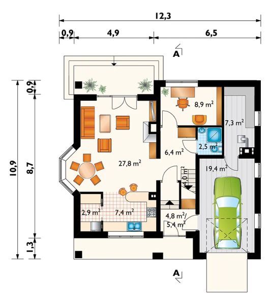 Projekt domu Saba Mała (938) - rzut parteru, dom liczy 5 pokoje, 2 łazienki i wc
