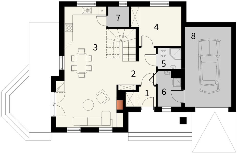 Parter projektu Orzech z garażem 1 stanowiskowym