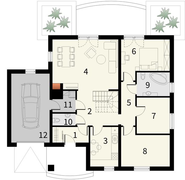 Projekt domu Asyria - rzut parteru, dom liczy 5 pokoje, 2 łazienki i wc