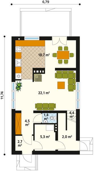 Projekt domu Wrzos - rzut parteru, dom liczy 2 pokoje, 2 łazienki i wc