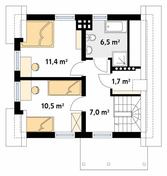 Projekt domu Majka - rzut poddasza, dom liczy 2 pokoje, 2 łazienki i wc